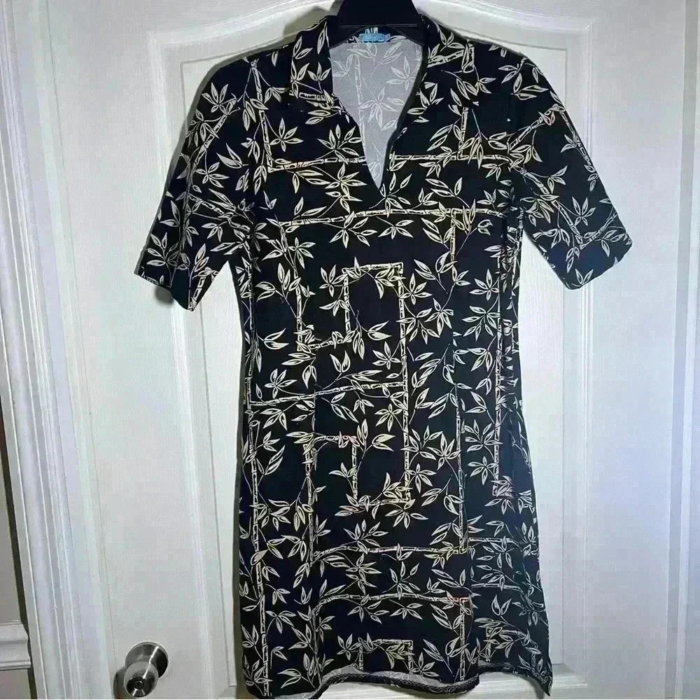 J. McLaughlin size 10 Women’s Black Tan Bamboo Floral Leaf Shift Stretch Dress